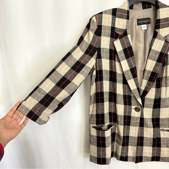 90s Vintage Requirements Linen Khaki Black Beige Red Checked Blazer Jacket Sz 10 - Picture 4 of 14